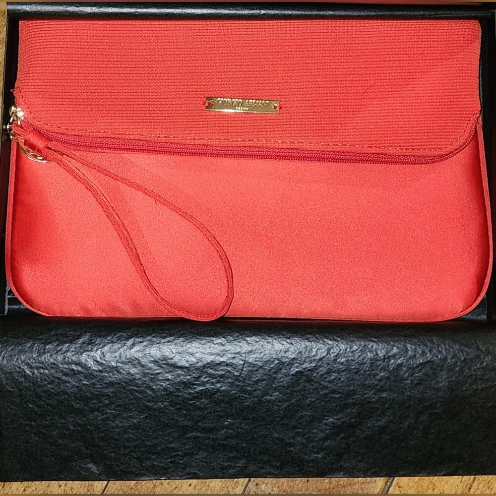 Giorgio Armani Beauty Red Ribbed Satin Clutch Wristlet Makeup Bag - New In Box